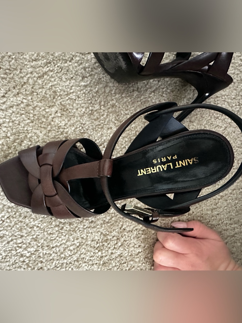 Authentic Saint Laurent Tribute T-Strap Leather Sandals Heels Brown Size 37 - Picture 13 of 13